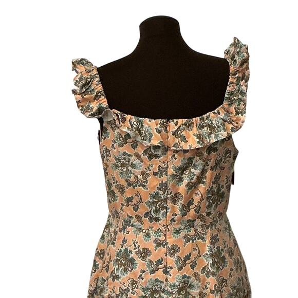 Ann Taylor Peach Green Cotton Linen Floral Ruffle Summer Fit Flare Dress Size 10 - Picture 7 of 10